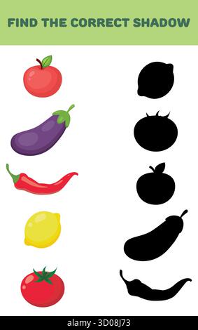 Finden Sie den richtigen Schatten. Lernspiele für Kinder. Vektorabbildung. Stock Vektor