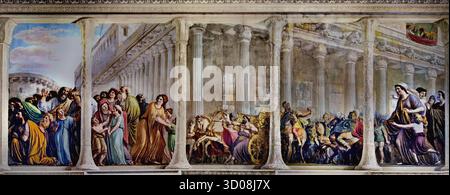 David im Saal der Arche Pitti Palast Florenz Italien von Giovanni Battista Caracciolo (Battistello) 1578–1635 17. Jahrhundert. 1816 wurde die Decke von Luigi Ademollo 1764–1849 mit Fresken versehen, als Noah mit der Arche nach Jerusalem kam. („die Bundeslade – die Arche des Zeugnisses“) ist eine goldbedeckte Holzkiste mit Deckelabdeckung, die im Buch Exodus beschrieben wird, dass die beiden Steintafeln der zehn Gebote enthalten. Stockfoto