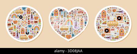 Grooviges Retro-Sticker-Set Mit Herz Stock Vektor