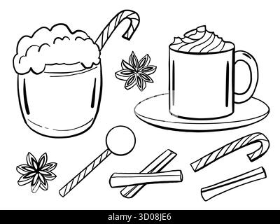 Eierlikör Weihnachts- und Wintergetränke. Doodle-Elemente isoliert auf weiß für Restaurant- und Café-Menü. Handgezeichnete Schwarz-weiß-Illustration. Stock Vektor