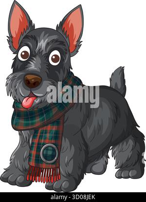 Cartoon Scottish Terrier Hund in grünem Schottenschal, ausdrucksstarke Augen, klare Vektorlinien, lebendige Farben. Stock Vektor
