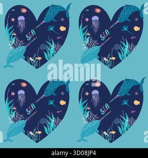 Nahtloses nautisches Muster mit vier dekorativen Herzen, jedes gefüllt mit bunten Meeresbewohnern, Korallen, Fischen und dem Wort MEER, perfekt für Sommertextilien, Kinderdesigns und kreative Meeresprojekte. Stock Vektor