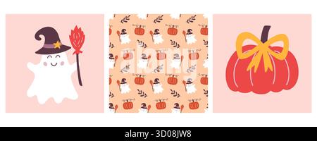 Halloween Cartoon Niedliche Lustige Geister Geschenkkarten Set Stock Vektor