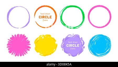 Kreidekreide Rahmensatz. Handgezeichneter Pinselstrich rund kindliche Form. Kinder Farbkreide Pinselstrichrahmen. Handgezeichnetes Grunge-Doodle-Farbkreis-Set. Vektorabbildung Stock Vektor