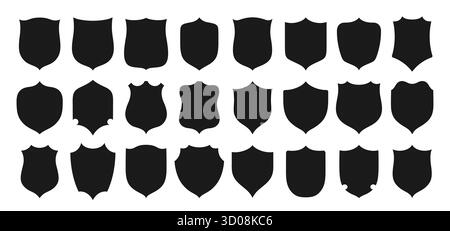 Shield Badge Silhouette Vektor Set. Sicherheitsschild in unterschiedlicher Form, militärische oder heraldische Schilde, Wappen Icons Kit. Schutzlogo Schutzabzeichen, Schutzsymbol für Website-Design, Logo-App Stock Vektor