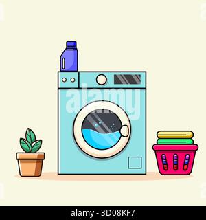 Wäscherei Tag Essentials mit Waschmaschine und Kleiderkorb Vektor Illustration Cartoon Design Stock Vektor