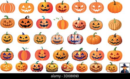 36 einzigartige Jack-o'-Laternen und Kürbisse Kollektion Stock Vektor