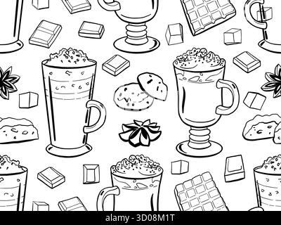 Weihnachten Pfefferminz Mokka Getränk nahtloses Muster mit Schokolade, Keksen. Saisonale Winter-Leckereien, handgezeichnete Doodle Vektor-Illustration. Getränke in gl Stock Vektor