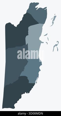Karte von Belize mit Regionen. Eine einfache Ländergrenzkarte mit Gebietsaufteilung. Blau-graue Farbpalette. Stock Vektor