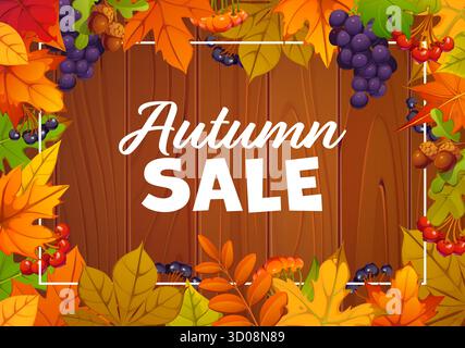 Herbstsaison Verkaufsbanner mit Holzbrett und Herbstblättern, Reifen Beeren und Eicheln auf hölzernem Hintergrund. Vector Saisonrabatt-Gutschein mit herbstlicher Waldernte, farbenfrohem Laub und Pflanzen Stock Vektor