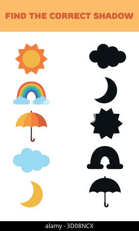Finden Sie den richtigen Schatten. Wetterelemente. Lernspiele für Kinder. Vektorabbildung. Stock Vektor