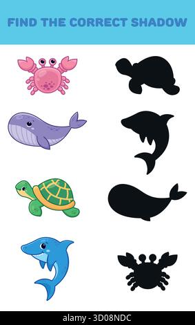 Finden Sie den richtigen Schatten. Niedliche Meerestiere. Lernspiele für Kinder. Vektorabbildung. Stock Vektor