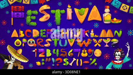 Mexikanische fiesta-Schriftart, mexikanischer Festivalstil, Zeichentrickschrift für Kinder mit festlichen Zuckerschädeln, Sombreros, traditionellen Symbolen, nationaler Küche, Papelpikado und Blumenbuchstaben Stock Vektor