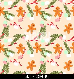 Weihnachtsmuster mit Tannenzweigen, Lebkuchenkeksen, Marshmallows und Waffelbrötchen, festlichem Winterdesign Hintergrund. Vektorabbildung Stock Vektor