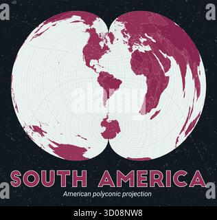 Südamerika. Weltkarte. Amerikanische polykonische Projektion mit Schwerpunkt auf Südamerika. Palette Pale Mint Dark Pink. Vintage-Textur. Stock Vektor