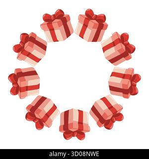 Runder Rahmen mit roten und beigefarbenen Geschenkboxen im festlichen Stil. Vektor-isolierte Illustration auf weißem Hintergrund. Stock Vektor