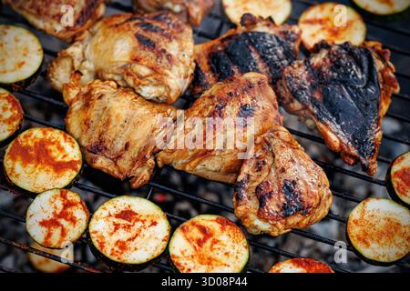 Nahaufnahme gegrillter Hähnchenschenkel und Zucchini-Scheiben auf einem Grill. Saftiges Fleisch und gewürztes Gemüse werden im Freien gekocht, ideal für Sommerpickn Stockfoto