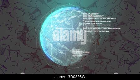 Anzeige des digitalen Globus im abstrakten Netzwerkraum mit Codeausschnitten und Knotenclustern Stockfoto