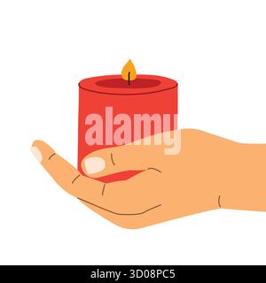 Hand hält rote brennende Kerze; Advent, weihnachten, gemütliches Herbstkonzept -Vektor-Illustration Stock Vektor