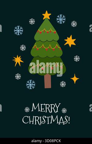Illustration mit Weihnachtsbaum, Sternen und Schneeflocken Stock Vektor