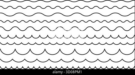 Linienkurve mit gewelltem Muster. Horizontaler Rahmen für Squiggle. Gewölbte Streifen. Geometrische nautische Gruppe von Elementen. Stock Vektor