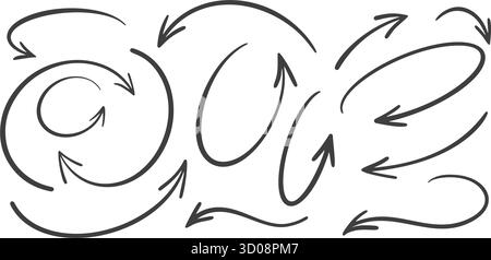 Handgezeichnete Pfeile Vektorsatz. Gekrümmte Skizzen und Kritzeleien von Zeigern. Dünner Kreis wird auf weißem Hintergrund isoliert. Einfache kreisförmige Elemente Stock Vektor