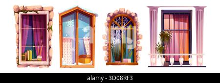 Cartoon-Fensterläden mit Stein- und Holzrahmen für Haus- oder Spielhintergründe. Dekorierte Öffnungen mit Vorhängen, Pflanzen und verzierten Balkonen. Architektonische Fassadenelemente. Stock Vektor