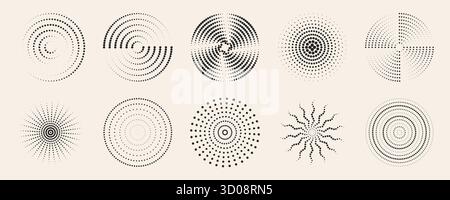 Radiale Wellenmuster mit kreisförmigen geometrischen Formen für moderne Designelemente. Schwarze konzentrische Ringe und gepunktete Spiralen auf beigefarbenem Hintergrund. Abstrakte Burst-Formen mit Linien oder Punkten. Stock Vektor