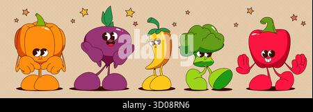 Retro-Gemüsefiguren, die isoliert auf Hintergrund gesetzt werden. Vektor-Karikaturillustration von Comic Kürbis, Rüben, Pfeffer, Brokkoli Maskottchen mit lächelnden Gesichtern, Händen und Füßen, süße Veggie Aufkleber Sammlung Stock Vektor