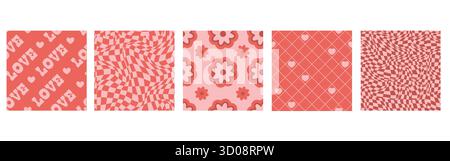 Rosafarbene Groovenmuster mit funky gewelltem Schachbrett, Valentinstag-Herzen, Retro-Blumen und diagonalen Gitterdesigns für romantische Hintergründe. Psychedelisch verzerrte Kollektion mit Liebe- und Gänseblümchenmotiven Stock Vektor