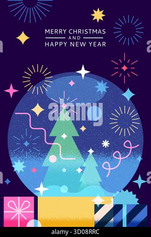 Schneeballspielzeug Glaskugel mit Weihnachtsbaum innen und Geschenkboxen. Geometrische Vektorabwicklung. Weihnachtsdesign für Neujahrsfeier, Greeti Stock Vektor