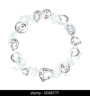 Süße Sauerkirsche Cerise fliegend im Wasser spritzt Tropfen, Hand gezeichnete Vektortinte, reife Linie Gartenbeere, Eiswürfel. Abbildung des Kranzkreises Stock Vektor