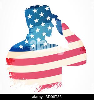 Silhouette eines amerikanischen Soldaten, der mit einer Grunge-Flagge grüßt. Design-Konzept für Social-Media-Banner für den Veterans Day. Vektorabbildung Stock Vektor
