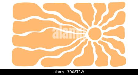 Grooviger Sommer-Sonnenschein-Hintergrund mit Retro-Strahlen, funky Wellen und kreisförmigen Formen. Abstraktes gelbes Sonnenmuster, psychedelische Vintage-Kunst mit Stock Vektor