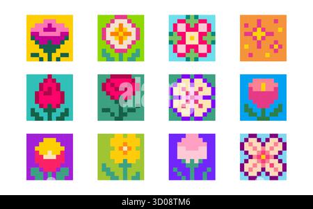 y2k-Designs mit Pixelblüten im Retro-Design mit 8-Bit-Rosen, Tulpen und Gänseblümchen für digitale Kunst oder Gaming-Ästhetik. Lebendige quadratische Fliesen mit Stielen und Blütenblättern. Nostalgische botanische Gittermuster-Sammlung. Stock Vektor