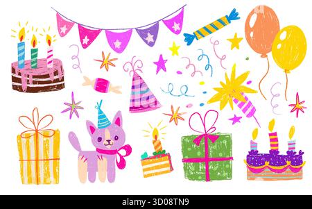 Buntstift Geburtstagsparty-Elemente auf weißem Hintergrund. Vektor-Karikaturillustration von Hand gezeichneter Geschenkbox, Kuchen mit Kerze, niedliche Katze im Feiertagshut, Farbe Konfetti, Luftballons, Süßigkeiten und Sterne Stock Vektor