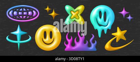 3D y2k Objektkollektion – glänzende, lächelnde Gesichter mit schmelzendem Effekt, verlaufende Flammen und funkelnde Sterne. Futuristische Retro-Formen in leuchtenden Neonfarben für nostalgisches digitales Design oder Branding. Stock Vektor