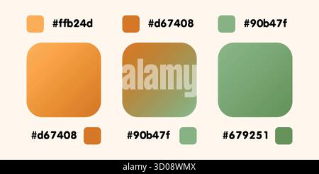 Verlaufskollektion, glänzendes Regenbogenhologramm. Holographische Folienstruktur, grün, gelb, braun abgestuft. Katalog der Beispielpaletten in RGB-HEX. Vektor Stock Vektor