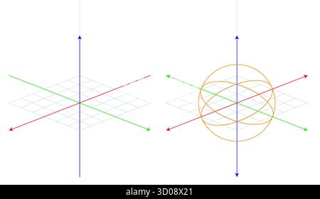 Vektor-3D-Koordinatensystem. Orthogonales Raster mit drei Achsen X Y Z, das geometrischen Raum bildet. Abstrakte Illustration von Drahtmodellmathematik. Moderne Bildung Stock Vektor
