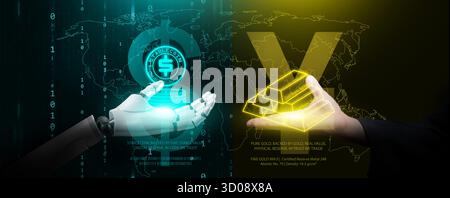 Künstliche Intelligenzhand mit Stablecoin-Hologramm gegenüber menschlicher Hand mit Goldreserve. Konzept der Blockchain-Technologie, Vertrauen, digitale Währung Stockfoto