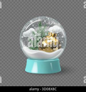 Glasschneekugel mit goldenem Weihnachtsschmuck, Tannenzweigen, Wolken Stock Vektor