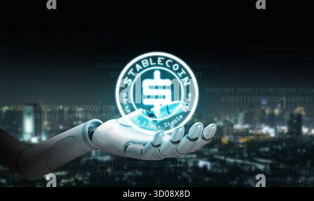 Futuristische Roboterhand mit digitalem Stablecoin-Hologramm. Konzept von künstlicher Intelligenz, digitaler Währung, Blockchain-Technologie und Moderne Stockfoto