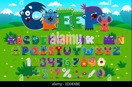 Zeichentrickfilm Fantasy Alien Schriftart, Monster Charaktere Schriftart, niedliche und verrückte Schrift, gruseliges englisches Alphabet am Märchen Natur Landschaft Vektor Hintergrund. Außerirdische Monster schreiben Buchstaben von niedlichen Fantasy-Kreaturen Stock Vektor