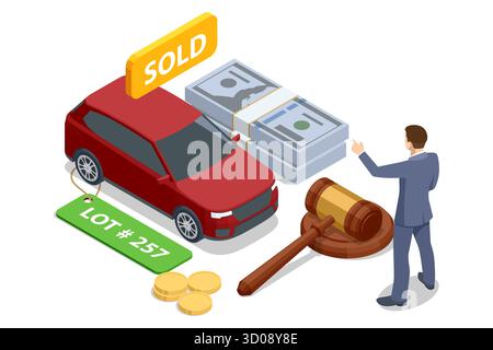Isometrische Autoversteigerungsszene mit rotem Fahrzeug, Geldstapeln und Hammer. Online-Kfz-Verkaufs-, Gebots- und Kaufkonzept in Vektorillustration. Stock Vektor