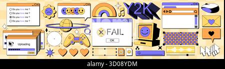 Y2K-Stickersatz mit Retro-PC-Schnittstellenelementen. Nostalgische digitale Grafiken aus den 90er oder 2000er Jahren von Dialogfeldern und Emoticons, geometrischen Formen und klassischen Computersymbolen für das Systemdesign der alten Schule. Stock Vektor
