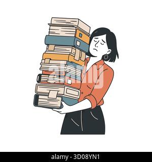 Eine Frau, die einen großen Stapel Bücher trägt, sieht überfordert und gestresst aus Stock Vektor