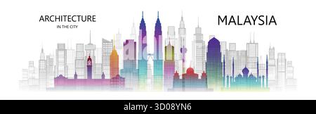 Moderne Architektur Stadtbild Wolkenkratzer Malaysia von asien bunte Kunst. Reisen Sie durch malaysische Architektur Wahrzeichen in Kuala Lumpur berühmte Stadt Asien weiter Stock Vektor