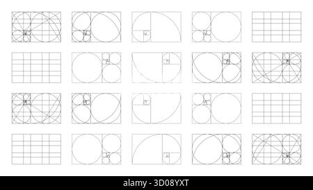 Golden Ratio Vorlage großes Set. Fibonacci Array, Zahlen Formen. Methode Goldschnitt Proben. Harmony Proportionen Rahmen. Konturgrafik dünn Stock Vektor