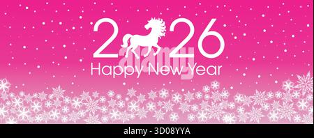 Happy New Year 2026 Vorlage mit violetten und weißen Schneeflocken und Sternen auf violettem Verlaufshintergrund. Symbol des Jahres. Stock Vektor