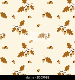 Herbststimmung, Eichenmuster mit Eichenzweigen und Eichelnüssen. Auf hellem Hintergrund. Vektorabbildung Stock Vektor